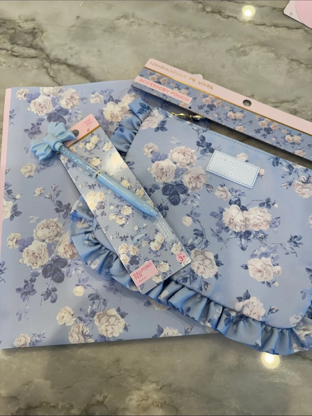 Love shack fancy Light Blue Floral Kids Accessory Pouch & Pen Set